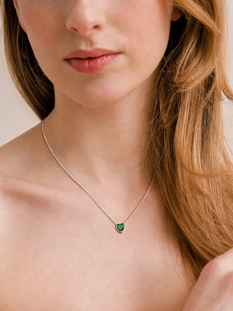 Suplight Stelring Silver May Birthstone Necklace Small Emeral Green Simple Heart Necklace for Women - Image 2